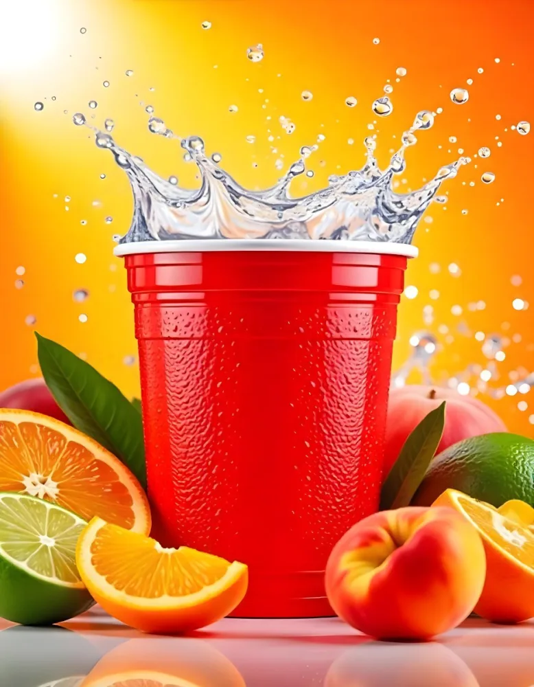A Red Plastic Cup With Water Splashing Out Of It Surrounded By Various Fruits Like Oranges Limes And Peaches With A Bright Yellow Background 35 E449