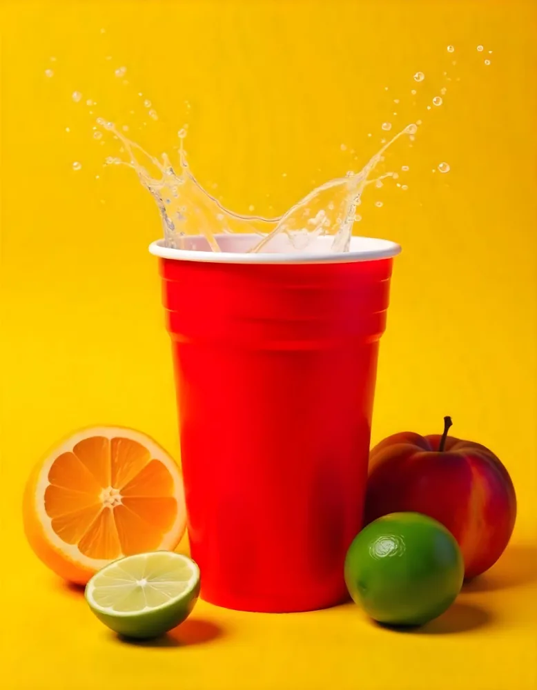 A Red Plastic Cup With Water Splashing Out Of It Surrounded By Various Fruits Like Oranges Limes And Peaches With A Bright Yellow Background 4 Be36