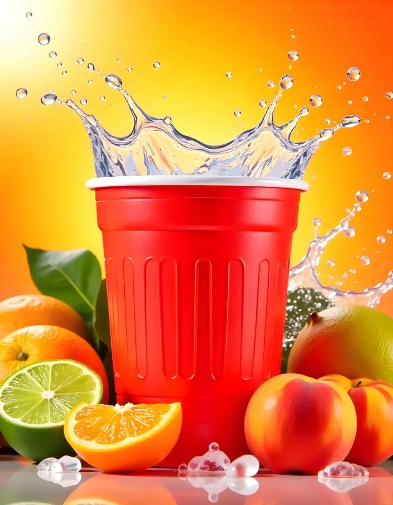 A Red Plastic Cup With Water Splashing Out Of It Surrounded By Various Fruits Like Oranges Limes And Peaches With A Bright Yellow Background 43 Ca47