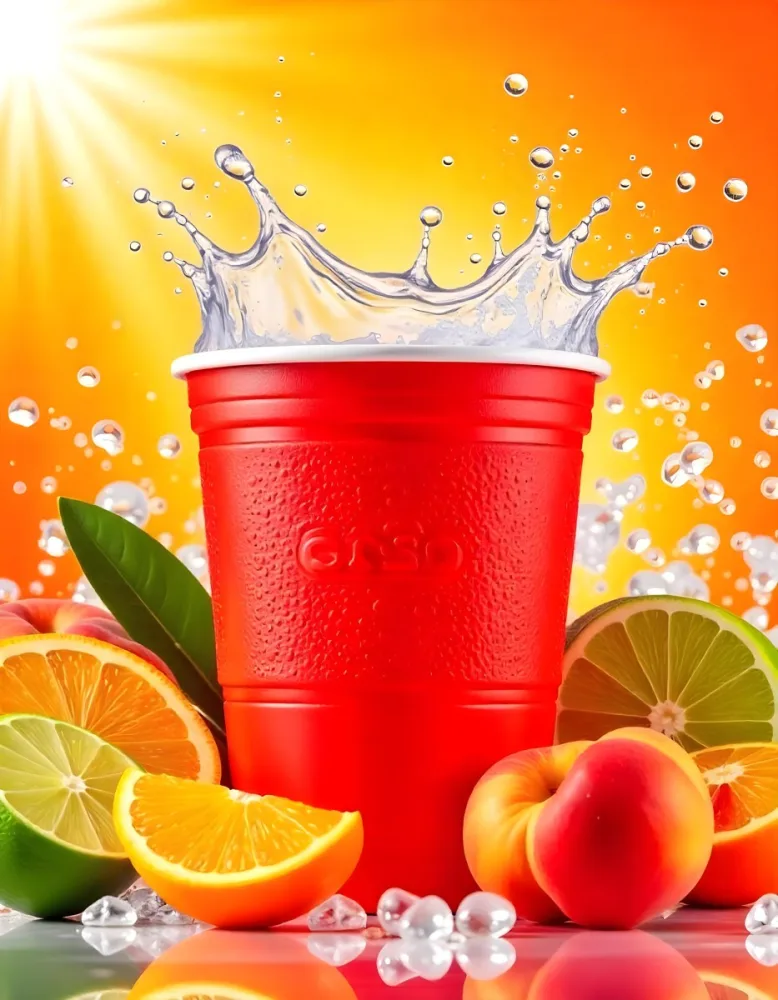 A Red Plastic Cup With Water Splashing Out Of It Surrounded By Various Fruits Like Oranges Limes And Peaches With A Bright Yellow Background 44 5eab