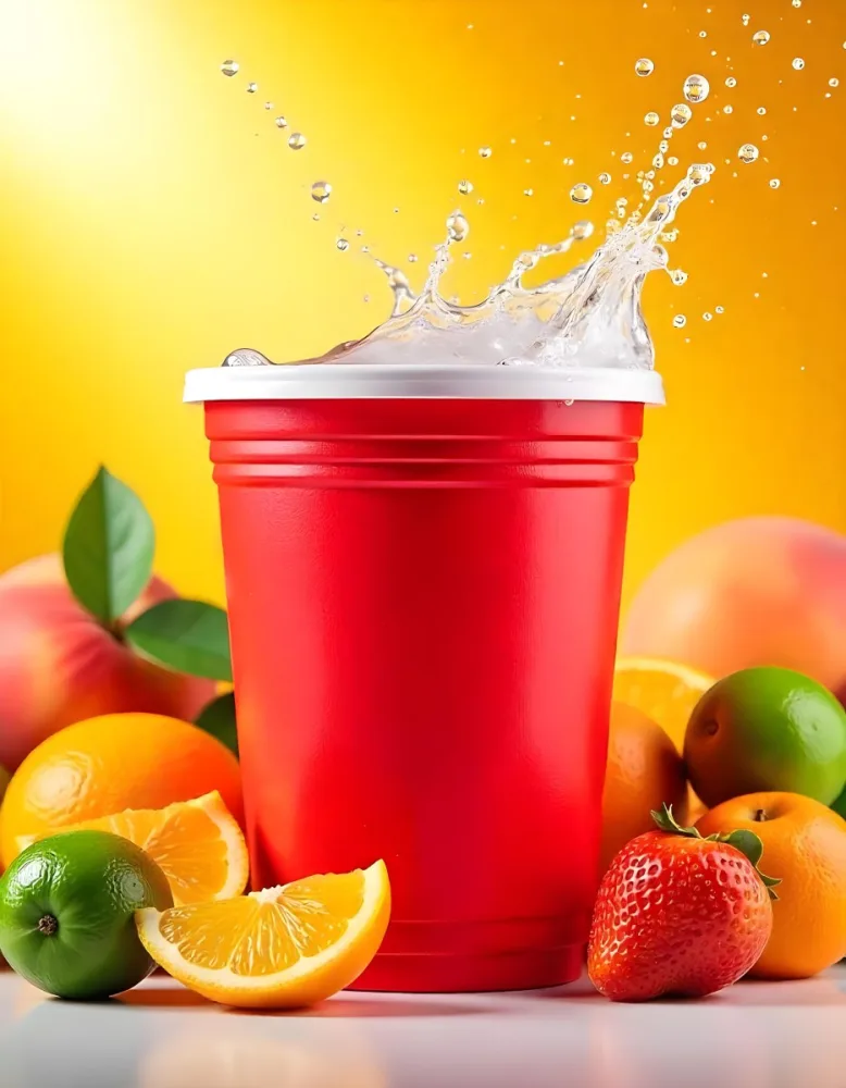A Red Plastic Cup With Water Splashing Out Of It Surrounded By Various Fruits Like Oranges Limes And Peaches With A Bright Yellow Background 45 11dd