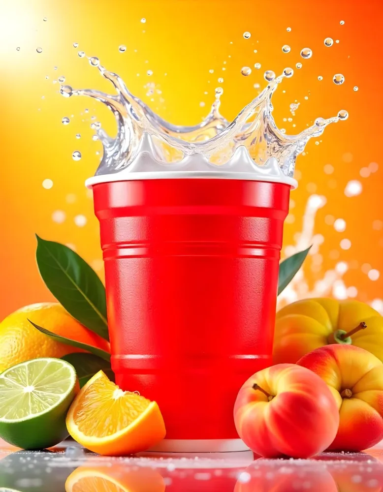 A Red Plastic Cup With Water Splashing Out Of It Surrounded By Various Fruits Like Oranges Limes And Peaches With A Bright Yellow Background 47 0355