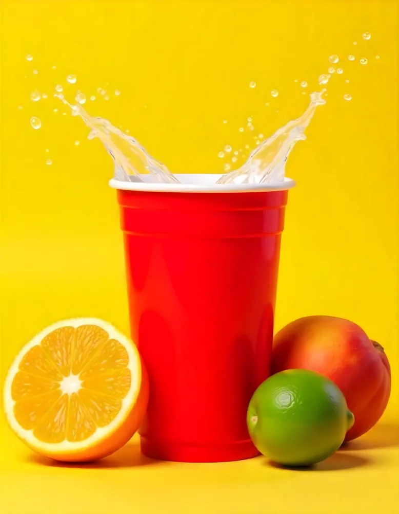 A Red Plastic Cup With Water Splashing Out Of It Surrounded By Various Fruits Like Oranges Limes And Peaches With A Bright Yellow Background 6 F057