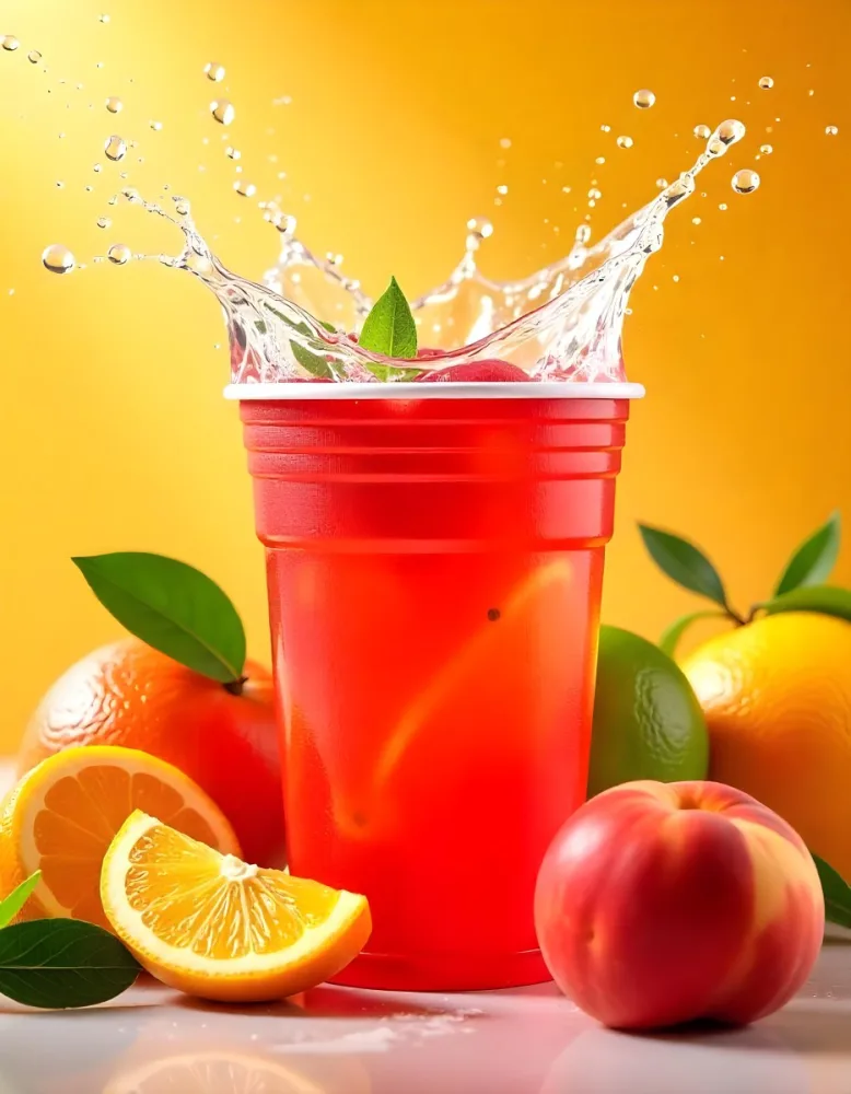 A Red Plastic Cup With Water Splashing Out Of It Surrounded By Various Fruits Like Oranges Limes And Peaches With A Bright Yellow Background 9 09ef