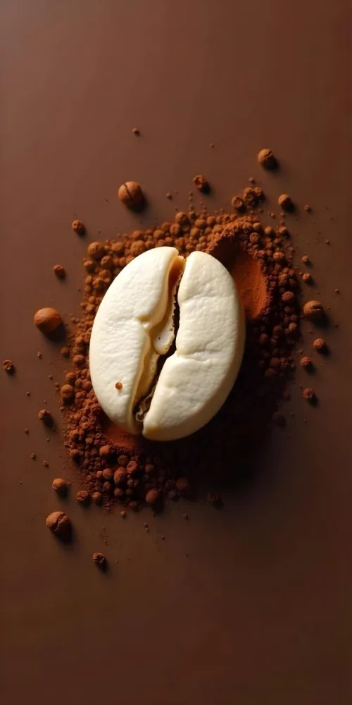 A Single Coffee Bean With A White Color Surrounded By Coffee Powder On A Brown Background With Coffee Drops 15 78ef