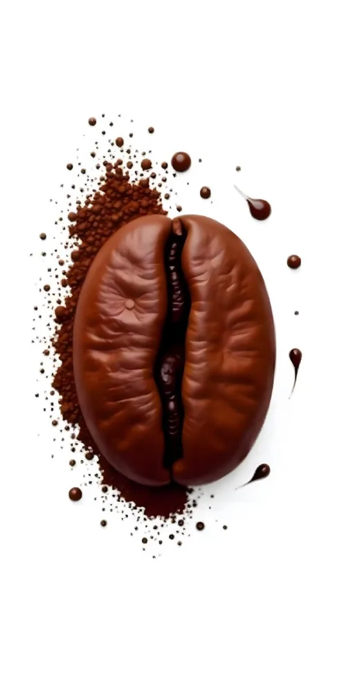 A Single Coffee Bean With A White Color Surrounded By Coffee Powder On A Brown Background With Coffee Drops 21 Fb75