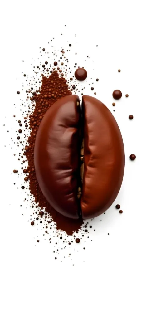 A Single Coffee Bean With A White Color Surrounded By Coffee Powder On A Brown Background With Coffee Drops 25 C230