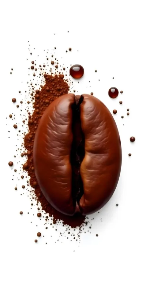 A Single Coffee Bean With A White Color Surrounded By Coffee Powder On A Brown Background With Coffee Drops 28 A936