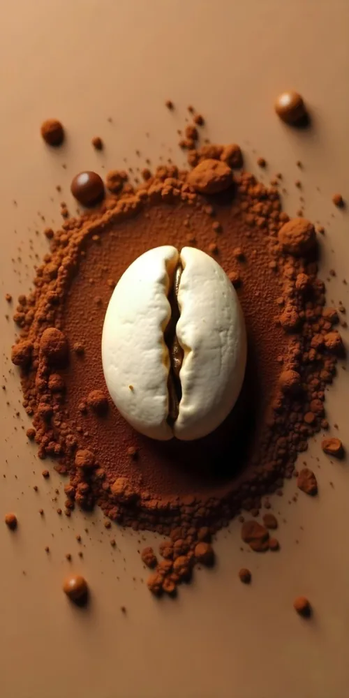A Single Coffee Bean With A White Color Surrounded By Coffee Powder On A Brown Background With Coffee Drops 3 1563