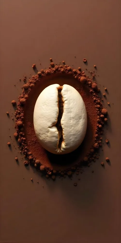 A Single Coffee Bean With A White Color Surrounded By Coffee Powder On A Brown Background With Coffee Drops 5 A741