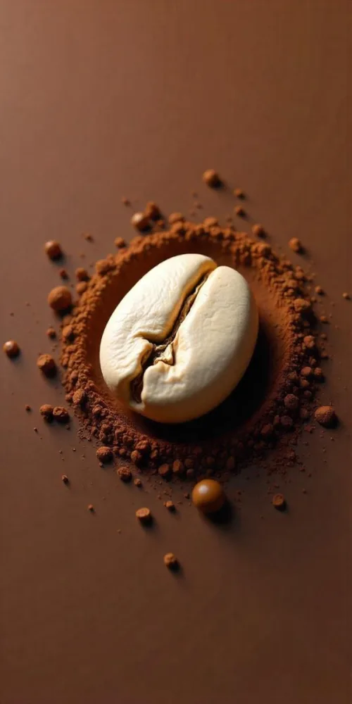 A Single Coffee Bean With A White Color Surrounded By Coffee Powder On A Brown Background With Coffee Drops 6 9594