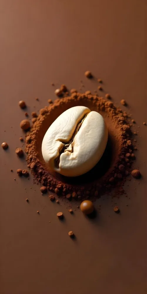 A Single Coffee Bean With A White Color Surrounded By Coffee Powder On A Brown Background With Coffee Drops 8 E6de