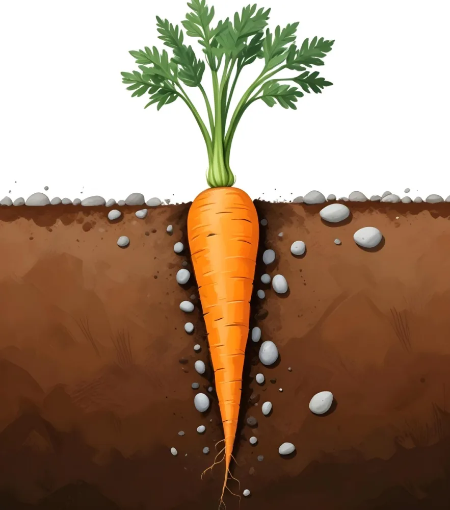 A Single Orange Carrot With Green Leafy Tops Surrounded By Smooth Stones On A Dirt Or Soil Background 1 4f98