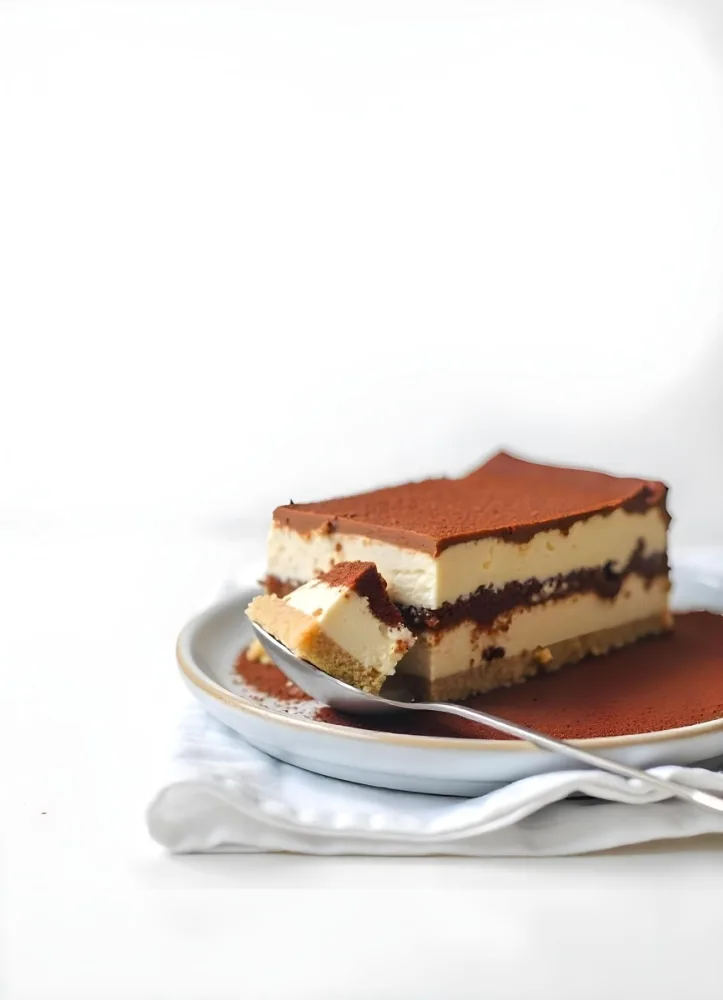 A Slice Of Tiramisu On A White Plate With A Spoon The Background Is A White Table 10 1eb6