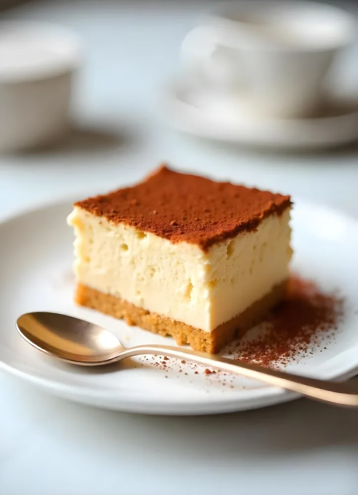 A Slice Of Tiramisu On A White Plate With A Spoon The Background Is A White Table 18 E04c