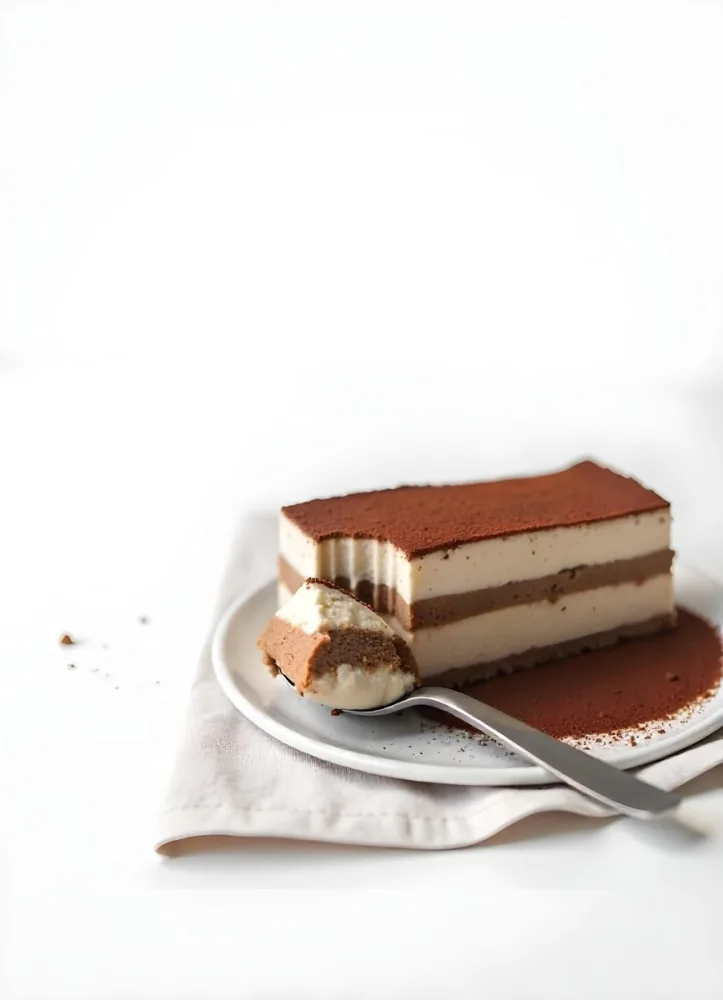 A Slice Of Tiramisu On A White Plate With A Spoon The Background Is A White Table 2 B7b4