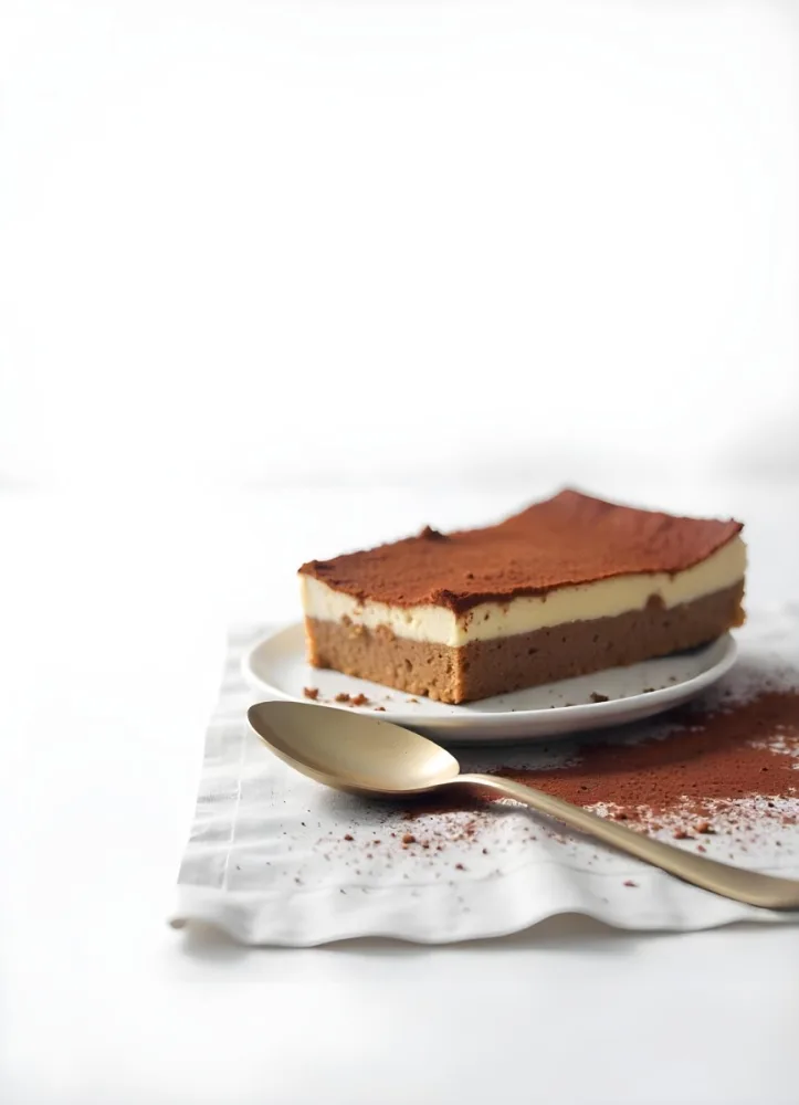 A Slice Of Tiramisu On A White Plate With A Spoon The Background Is A White Table 24 858b