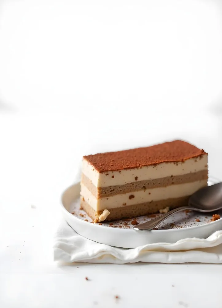 A Slice Of Tiramisu On A White Plate With A Spoon The Background Is A White Table 26 7e66