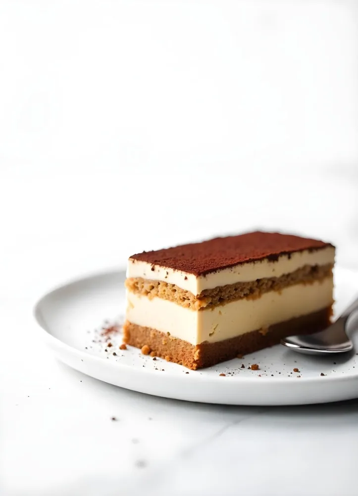 A Slice Of Tiramisu On A White Plate With A Spoon The Background Is A White Table 28 046e