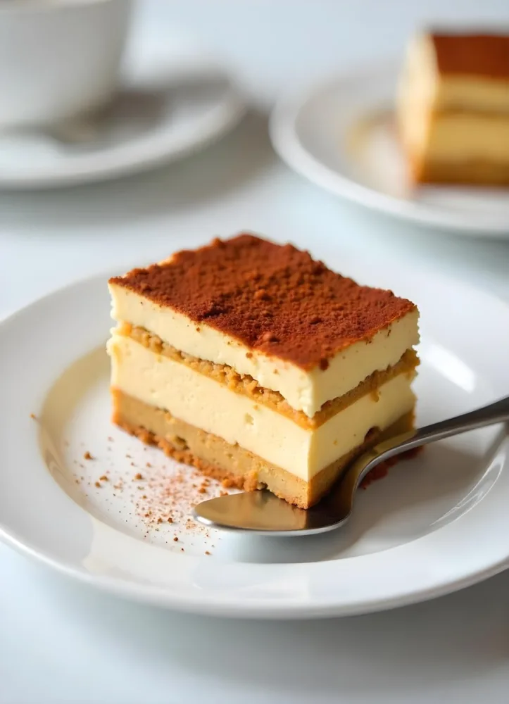 A Slice Of Tiramisu On A White Plate With A Spoon The Background Is A White Table 3 19a9