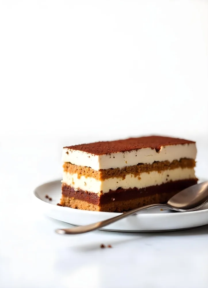 A Slice Of Tiramisu On A White Plate With A Spoon The Background Is A White Table 4 A185