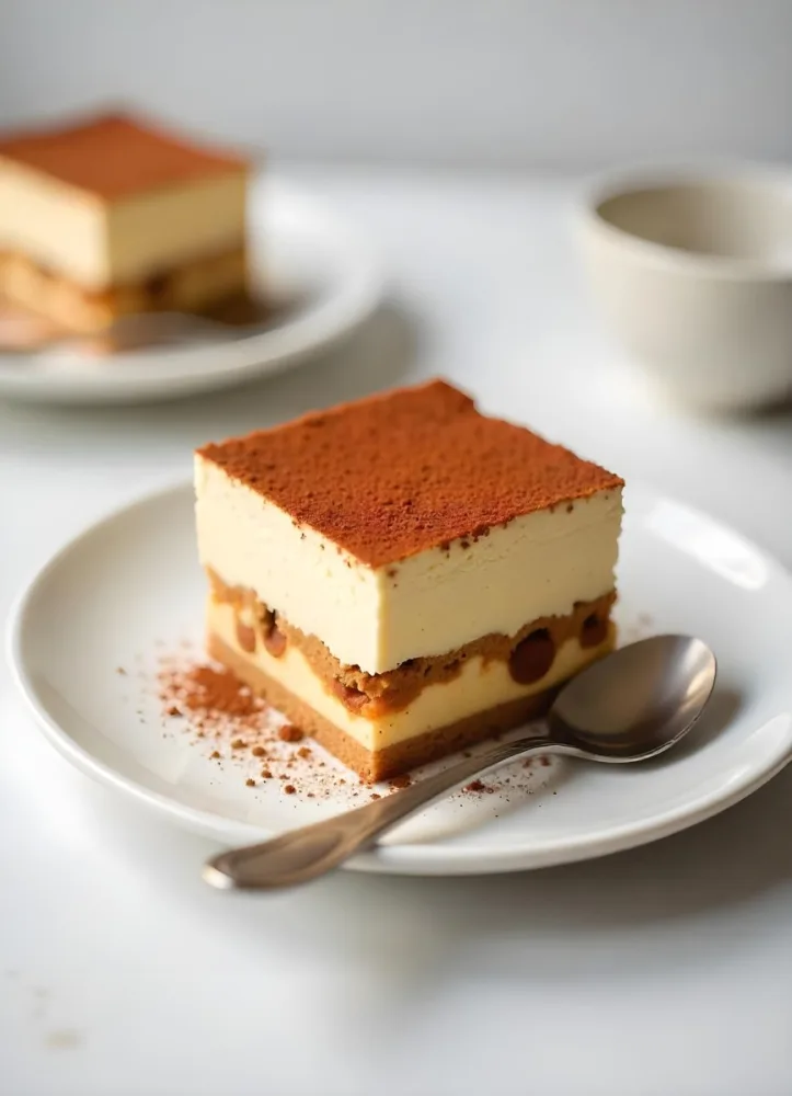 A Slice Of Tiramisu On A White Plate With A Spoon The Background Is A White Table 5 C89a