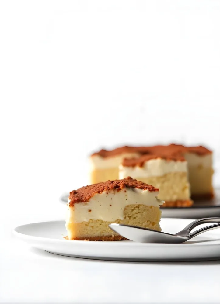 A Slice Of Tiramisu On A White Plate With A Spoon The Background Is A White Table 7 Bfd0