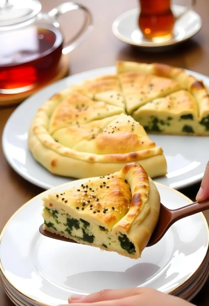 A Spinach Pie With Sesame Seeds On A Plate A Plate With A Pie In The Background And A Cup Of Tea On A Wooden Table 1 C796