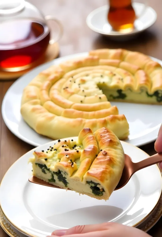 A Spinach Pie With Sesame Seeds On A Plate A Plate With A Pie In The Background And A Cup Of Tea On A Wooden Table 12 A3be