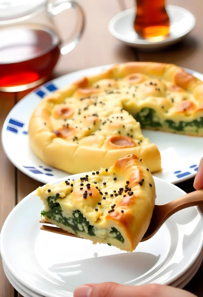 A Spinach Pie With Sesame Seeds On A Plate A Plate With A Pie In The Background And A Cup Of Tea On A Wooden Table 14 5e74