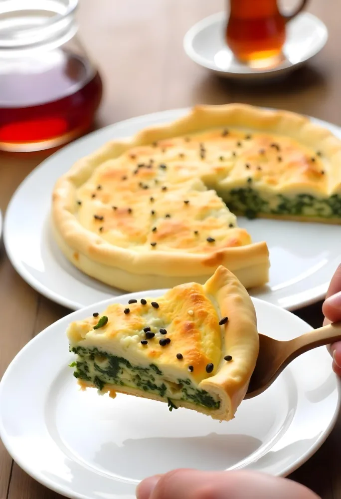 A Spinach Pie With Sesame Seeds On A Plate A Plate With A Pie In The Background And A Cup Of Tea On A Wooden Table 15 A026