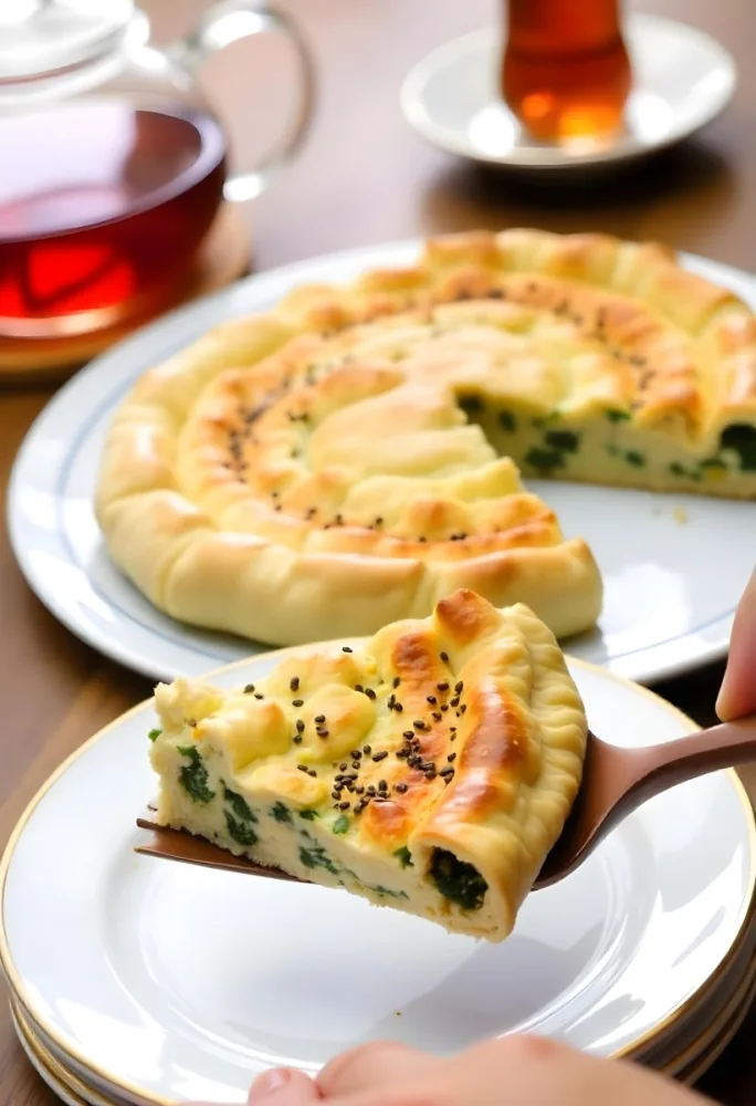A Spinach Pie With Sesame Seeds On A Plate A Plate With A Pie In The Background And A Cup Of Tea On A Wooden Table 2 4c52