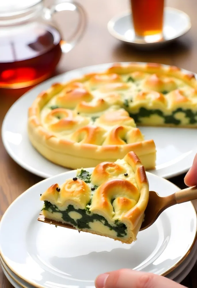 A Spinach Pie With Sesame Seeds On A Plate A Plate With A Pie In The Background And A Cup Of Tea On A Wooden Table 3 D0a5