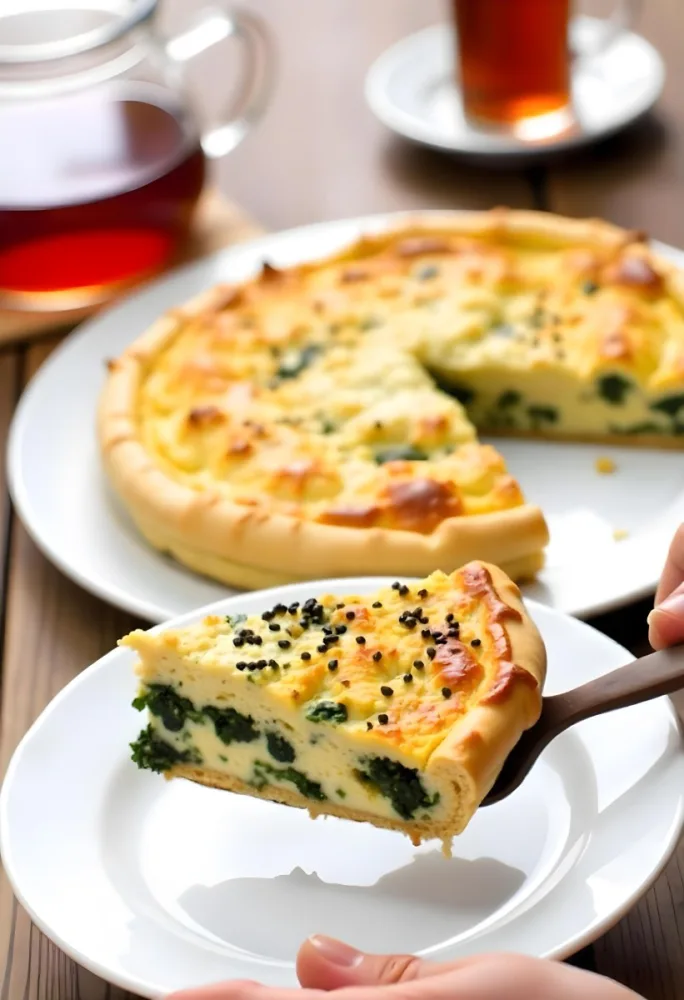 A Spinach Pie With Sesame Seeds On A Plate A Plate With A Pie In The Background And A Cup Of Tea On A Wooden Table 4 6779
