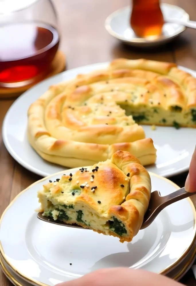A Spinach Pie With Sesame Seeds On A Plate A Plate With A Pie In The Background And A Cup Of Tea On A Wooden Table 5 B345