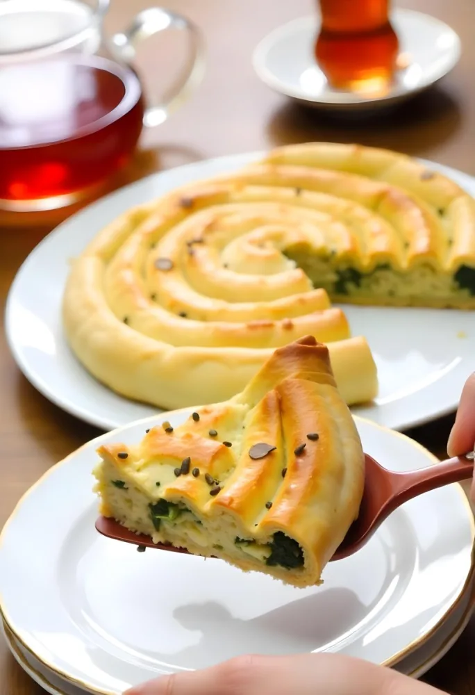 A Spinach Pie With Sesame Seeds On A Plate A Plate With A Pie In The Background And A Cup Of Tea On A Wooden Table 6 B5ab