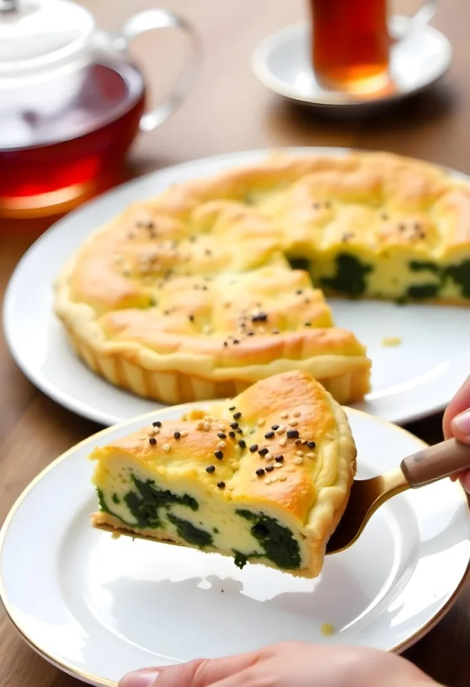 A Spinach Pie With Sesame Seeds On A Plate A Plate With A Pie In The Background And A Cup Of Tea On A Wooden Table 7 B260