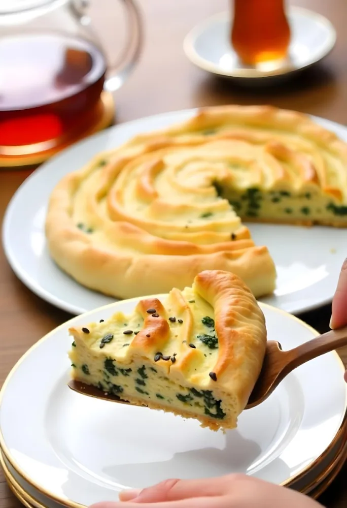 A Spinach Pie With Sesame Seeds On A Plate A Plate With A Pie In The Background And A Cup Of Tea On A Wooden Table 9 Ec87