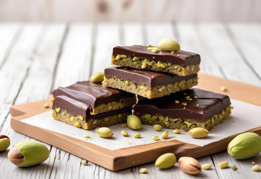 A Stack Of Chocolate Covered Pistachio Bars On A Wooden Surface With Some Loose Pistachios Scattered Around 5 F2c4 E0ba