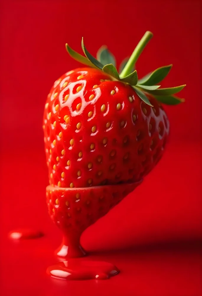 A Strawberry Cut In Slices With Red Liquid Dripping Around It Studio Shot Red Background Close Up High Resolution Detailed 14 A6a4