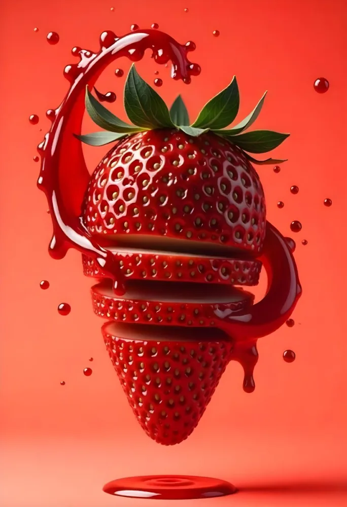 A Strawberry Cut In Slices With Red Liquid Dripping Around It Studio Shot Red Background Close Up High Resolution Detailed 18 1fbb