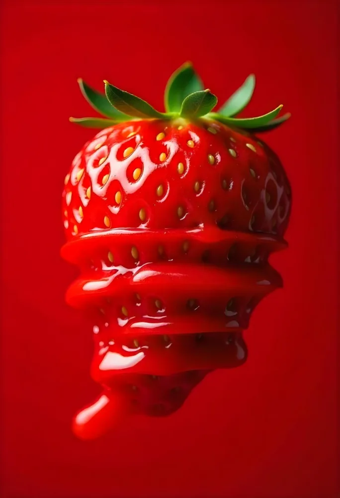 A Strawberry Cut In Slices With Red Liquid Dripping Around It Studio Shot Red Background Close Up High Resolution Detailed 19 762e