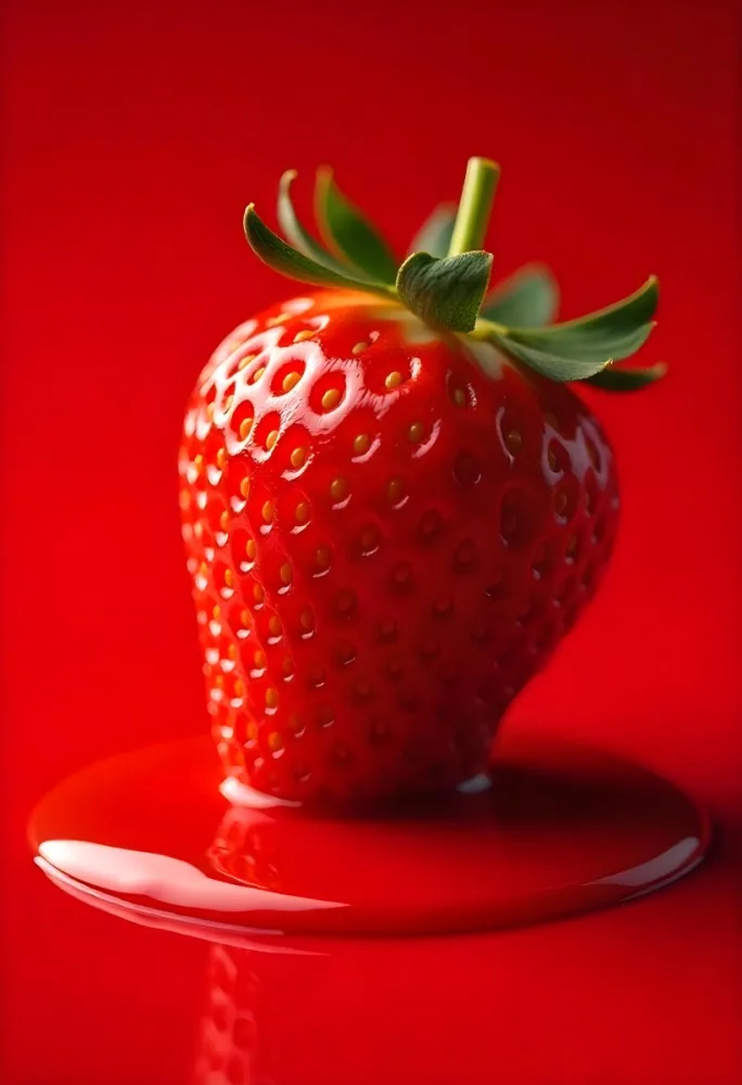 A Strawberry Cut In Slices With Red Liquid Dripping Around It Studio Shot Red Background Close Up High Resolution Detailed 21 2e37