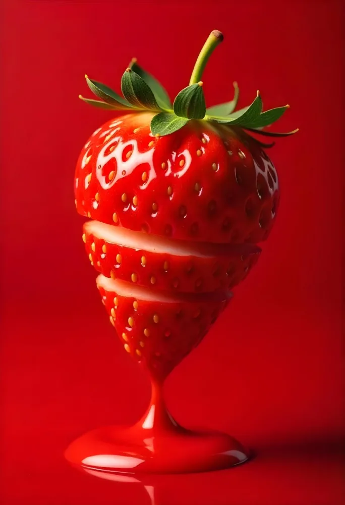 A Strawberry Cut In Slices With Red Liquid Dripping Around It Studio Shot Red Background Close Up High Resolution Detailed 25 9970