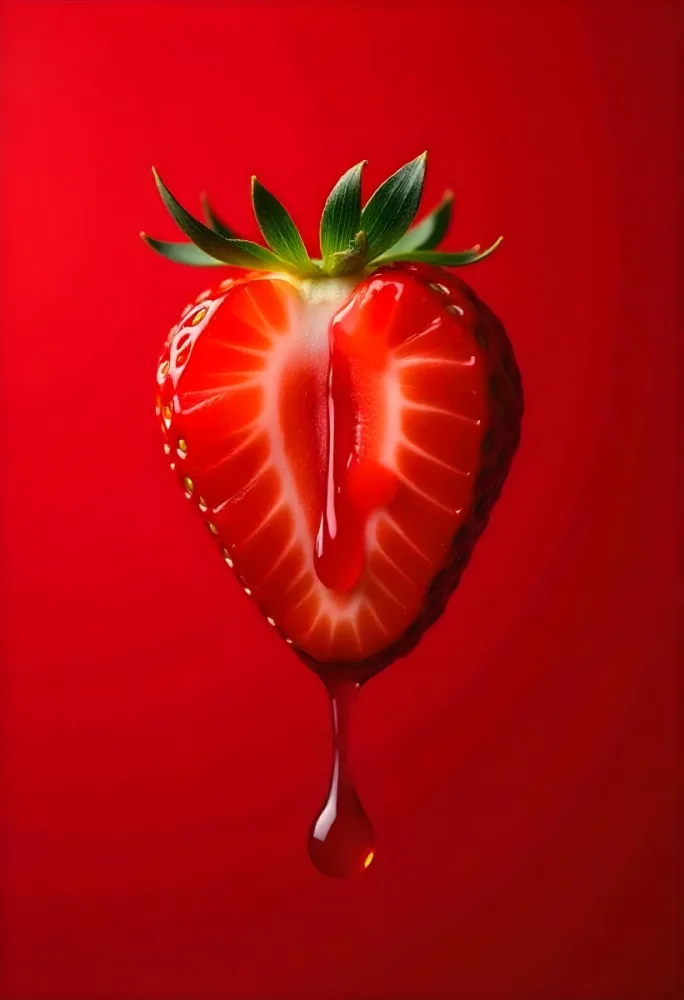 A Strawberry Cut In Slices With Red Liquid Dripping Around It Studio Shot Red Background Close Up High Resolution Detailed 31 9551