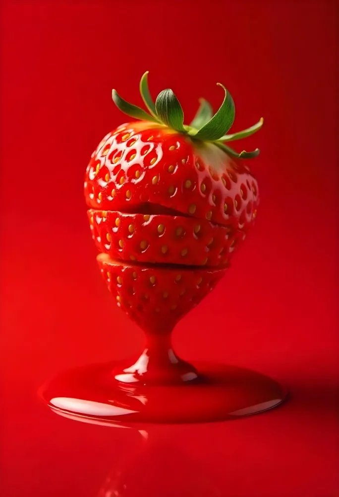 A Strawberry Cut In Slices With Red Liquid Dripping Around It Studio Shot Red Background Close Up High Resolution Detailed 36 0423