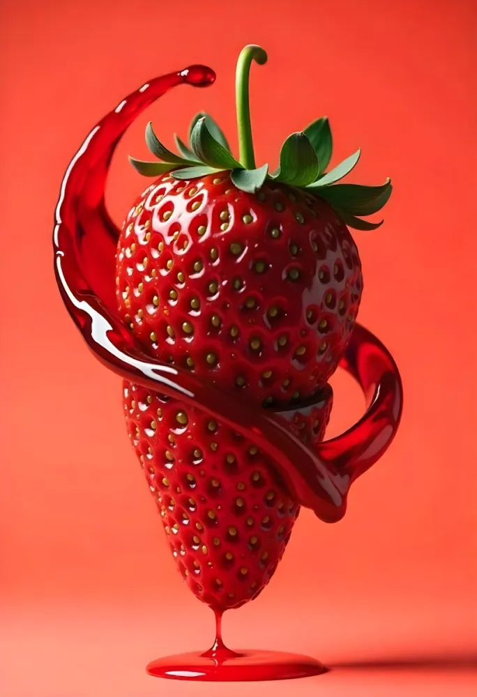 A Strawberry Cut In Slices With Red Liquid Dripping Around It Studio Shot Red Background Close Up High Resolution Detailed 41 9f45