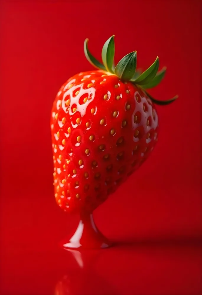 A Strawberry Cut In Slices With Red Liquid Dripping Around It Studio Shot Red Background Close Up High Resolution Detailed 42 1f5f