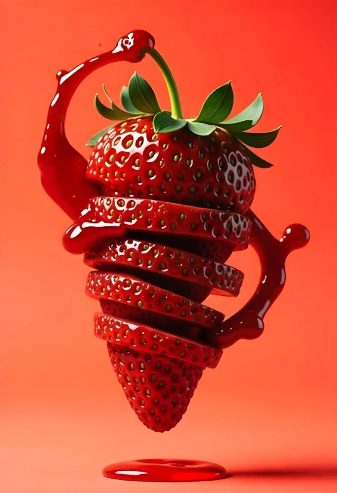 A Strawberry Cut In Slices With Red Liquid Dripping Around It Studio Shot Red Background Close Up High Resolution Detailed 43 F226