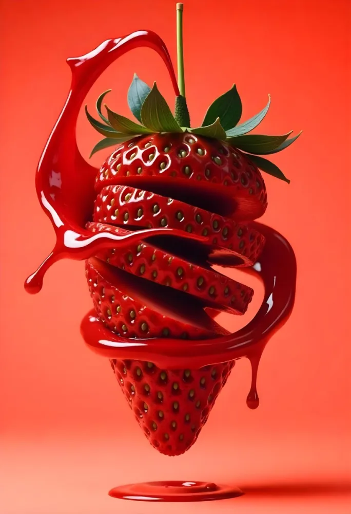 A Strawberry Cut In Slices With Red Liquid Dripping Around It Studio Shot Red Background Close Up High Resolution Detailed 45 A900